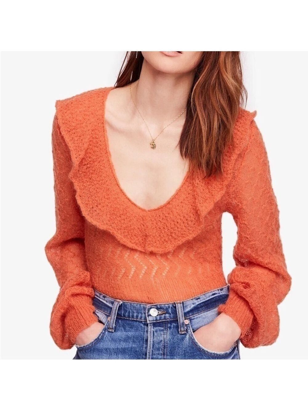 Free People Macaroon Ruffled Neck Mohair Wool Sweater Burnt Orange Ruffle size L